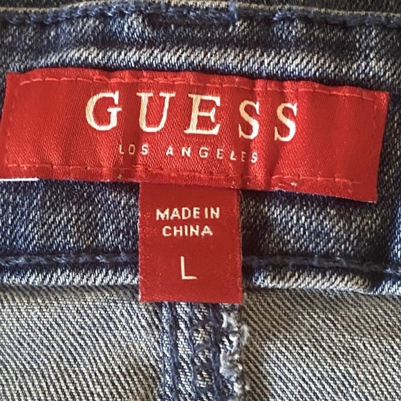 GUESS Women Denim Jean Bib Overalls Mini Dress Logo Straps Distressed Hem Size L - Picture 6 of 10
